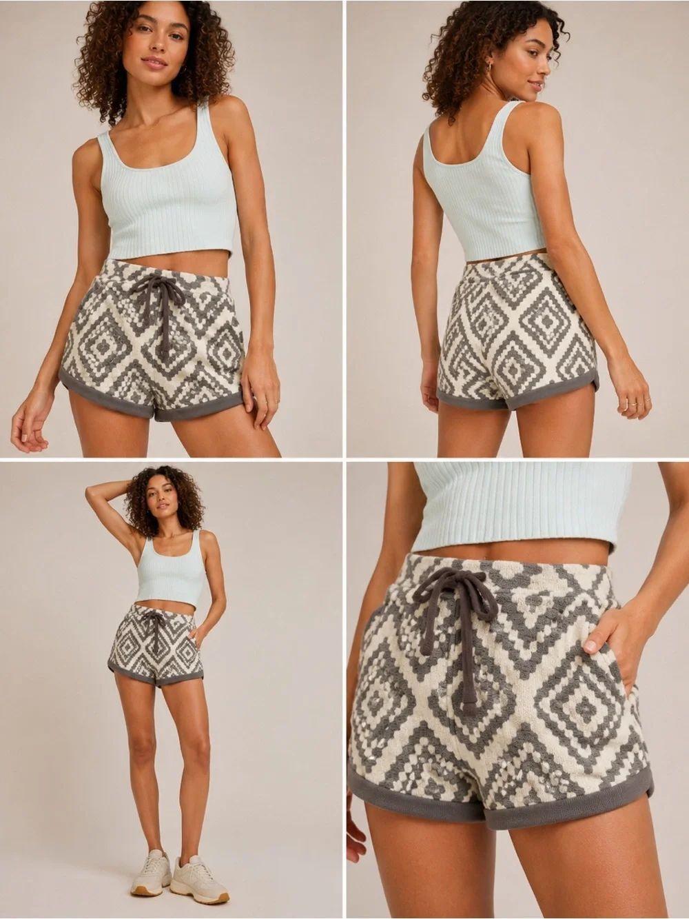 FP Movement Where the Wind Blows Terry Cloth Jacquard Shorts Gray Cream Large